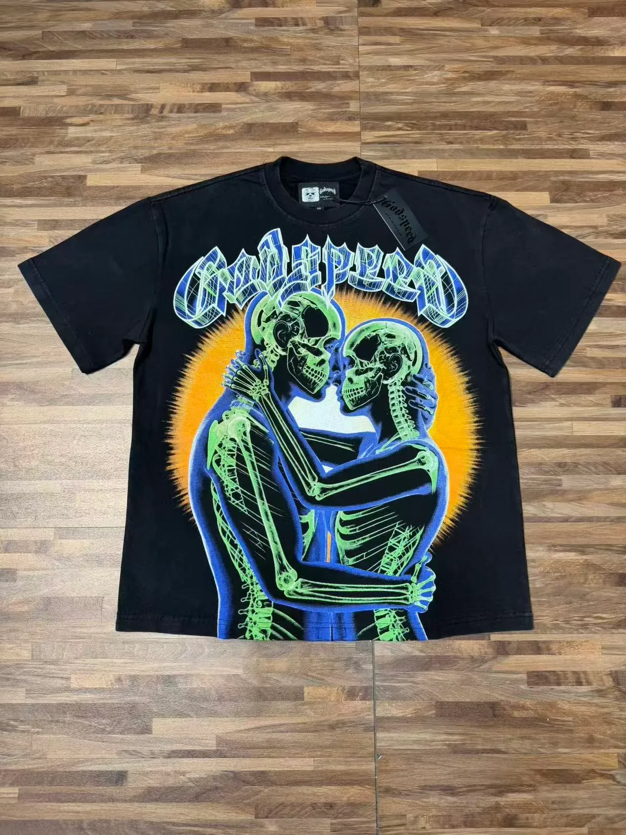 Black Graphic Print Neon Skeletal Couple T-Shirt 5