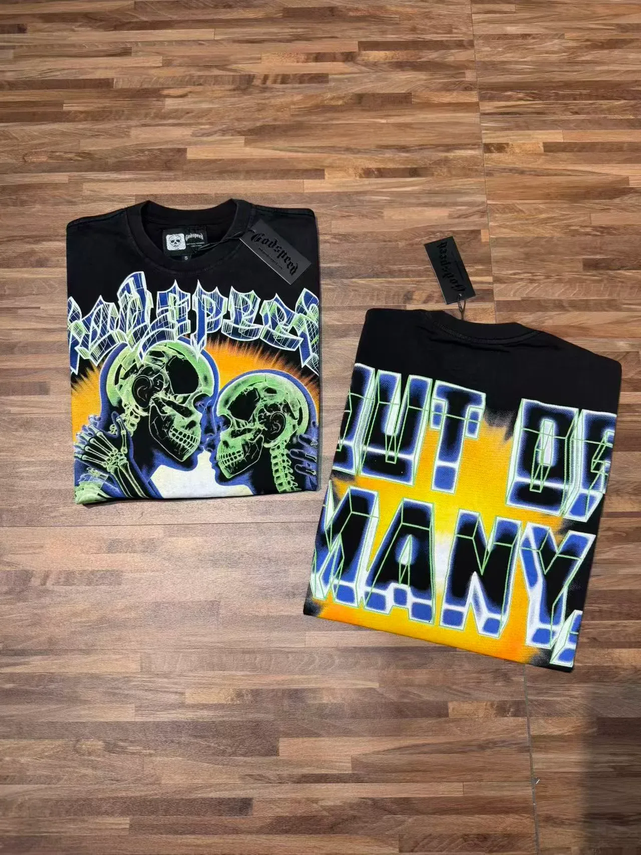 Black Graphic Print Neon Skeletal Couple T-Shirt 7