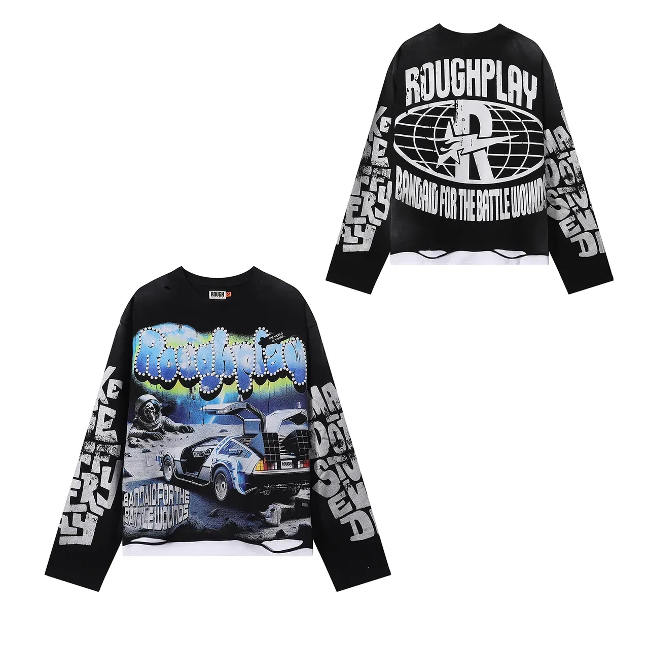 Black Graphic-Print Oversized Long-Sleeve Crewneck Top 5