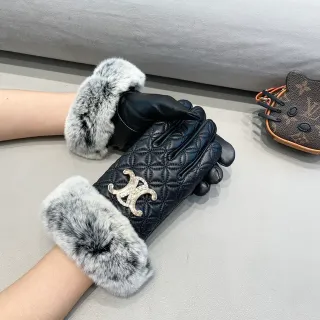 Black Gray Quilted Faux Fur Cuff Leather Gloves