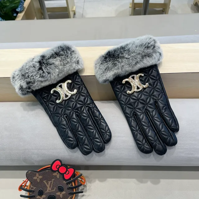 Black Gray Quilted Faux Fur Cuff Leather Gloves 2