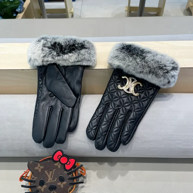 Black Gray Quilted Faux Fur Cuff Leather Gloves 3