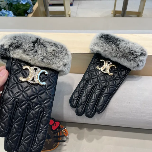 Black Gray Quilted Faux Fur Cuff Leather Gloves 4