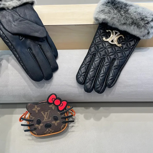 Black Gray Quilted Faux Fur Cuff Leather Gloves 5