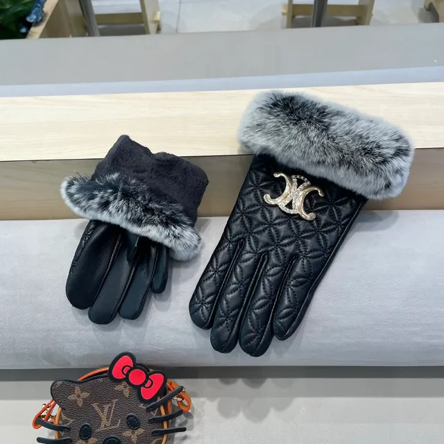 Black Gray Quilted Faux Fur Cuff Leather Gloves 6