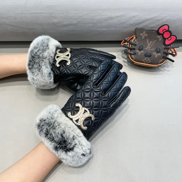 Black Gray Quilted Faux Fur Cuff Leather Gloves 7