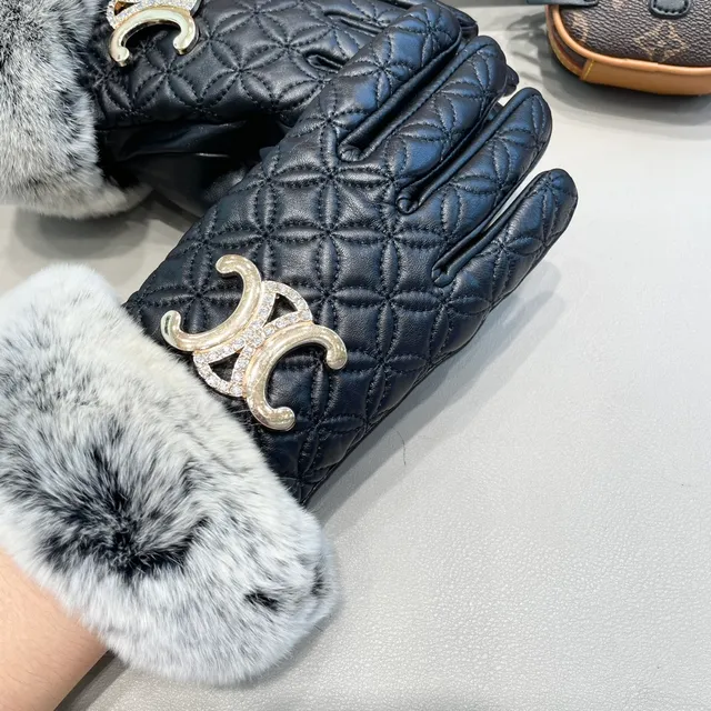 Black Gray Quilted Faux Fur Cuff Leather Gloves 8