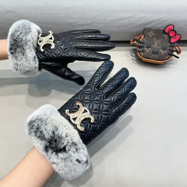 Black Gray Quilted Faux Fur Cuff Leather Gloves 9