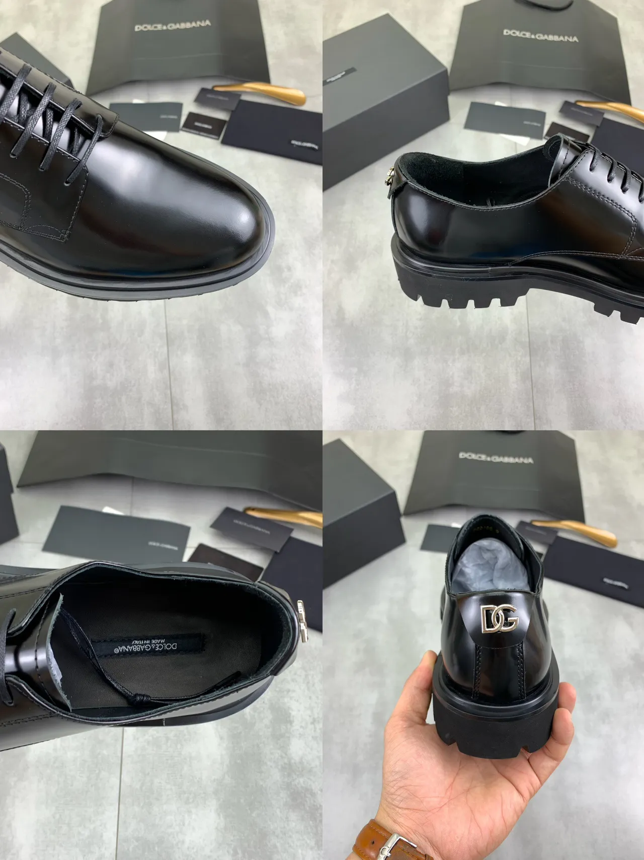Sapatos Oxford de couro preto com sola chunky lug brilhante 3