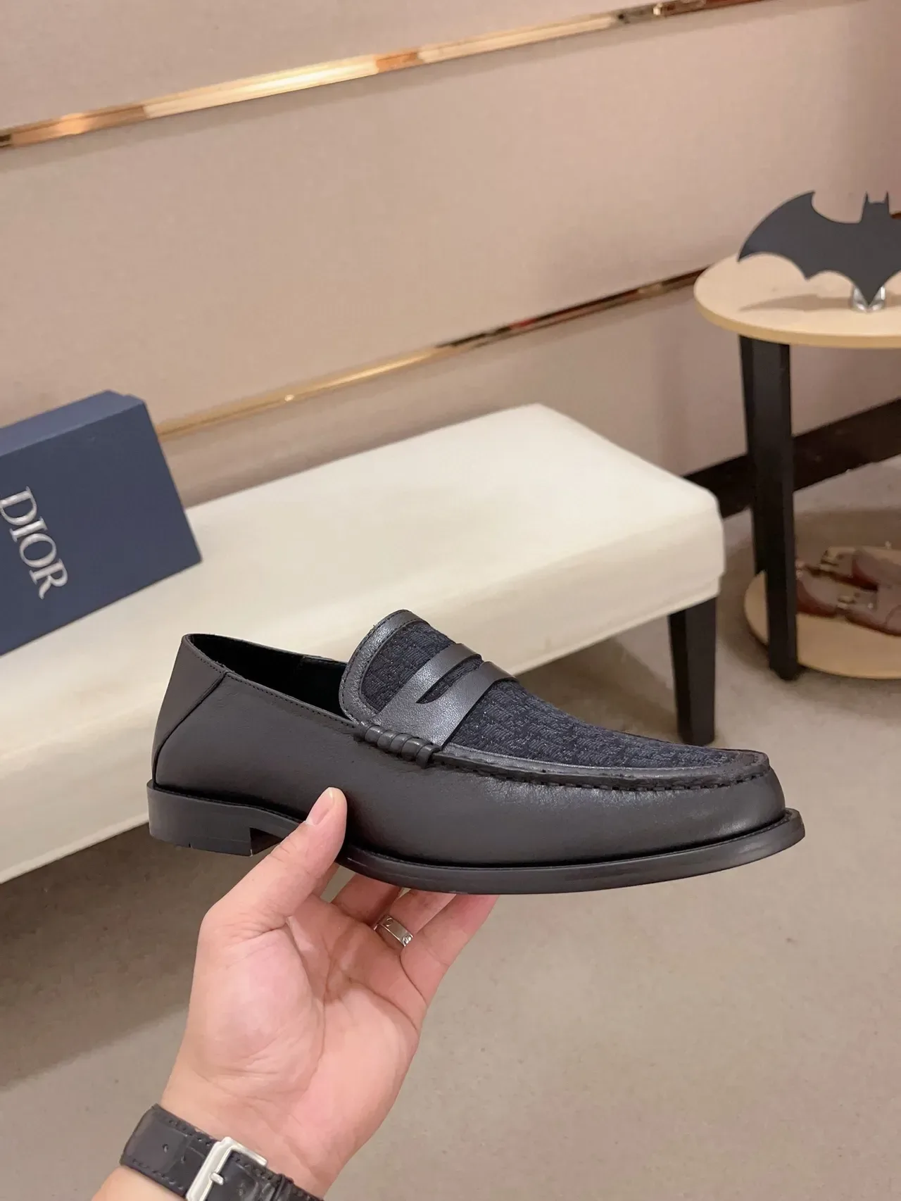 Black Leather and Textured Fabric Penny Strap Loafer 4