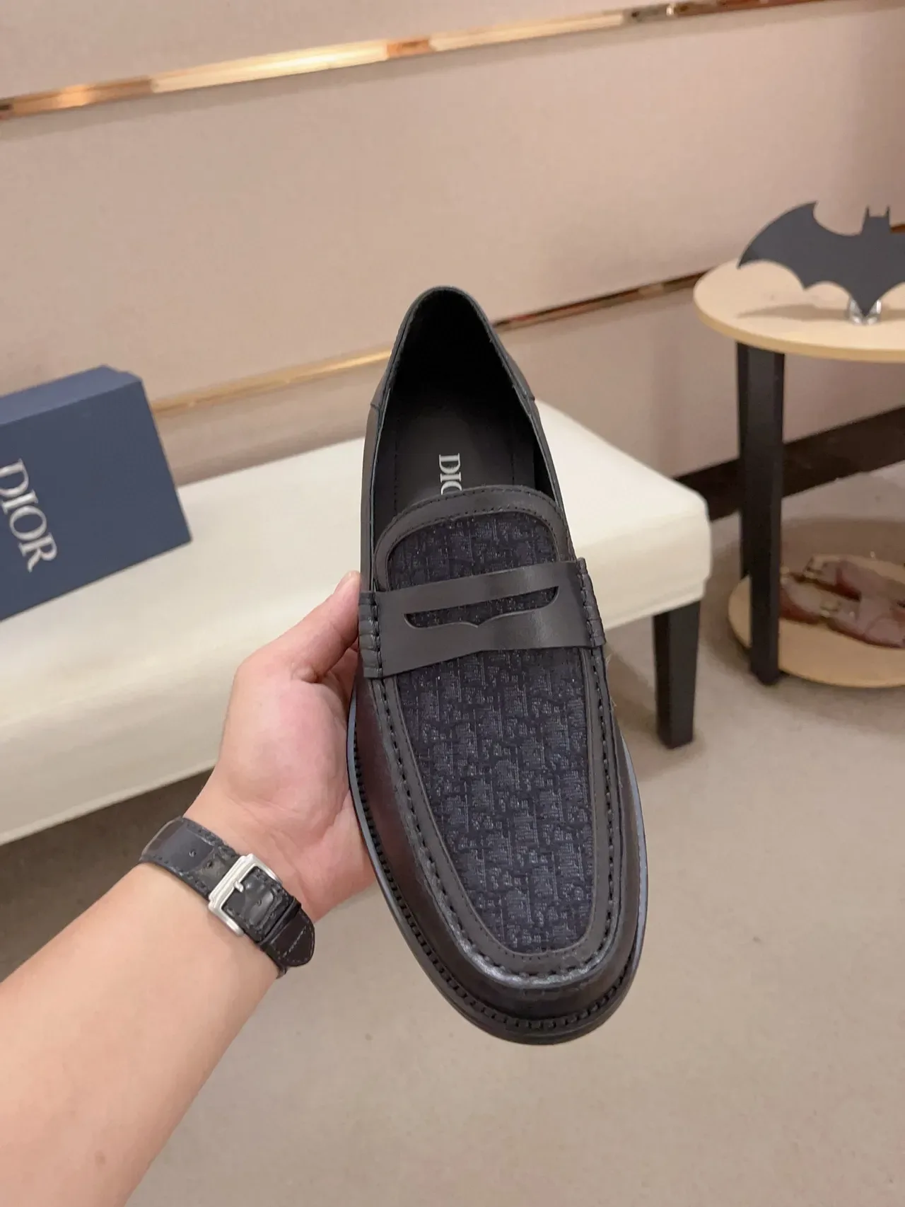 Black Leather and Textured Fabric Penny Strap Loafer 5