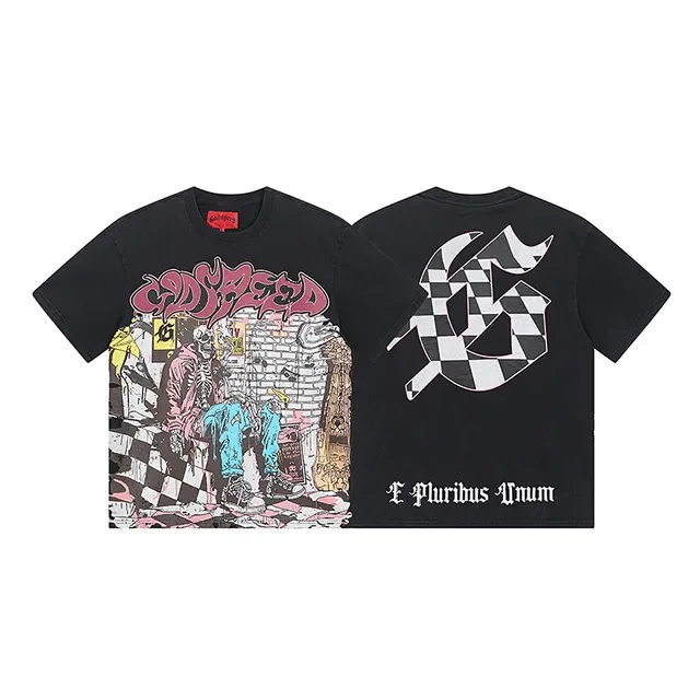 Black Multicolor Graphic Print Checkerboard Back T-Shirt 1