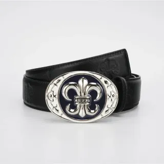 কালো নেভি ornate Fleur-De-Lis Buckle embossed স্ট্র্যাপ লেদার বেল্ট