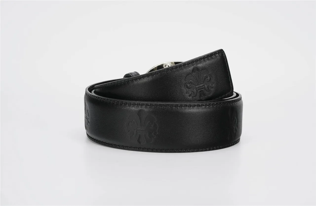 Black Navy Ornate Fleur-De-Lis Buckle Embossed Strap Leather Belt 3