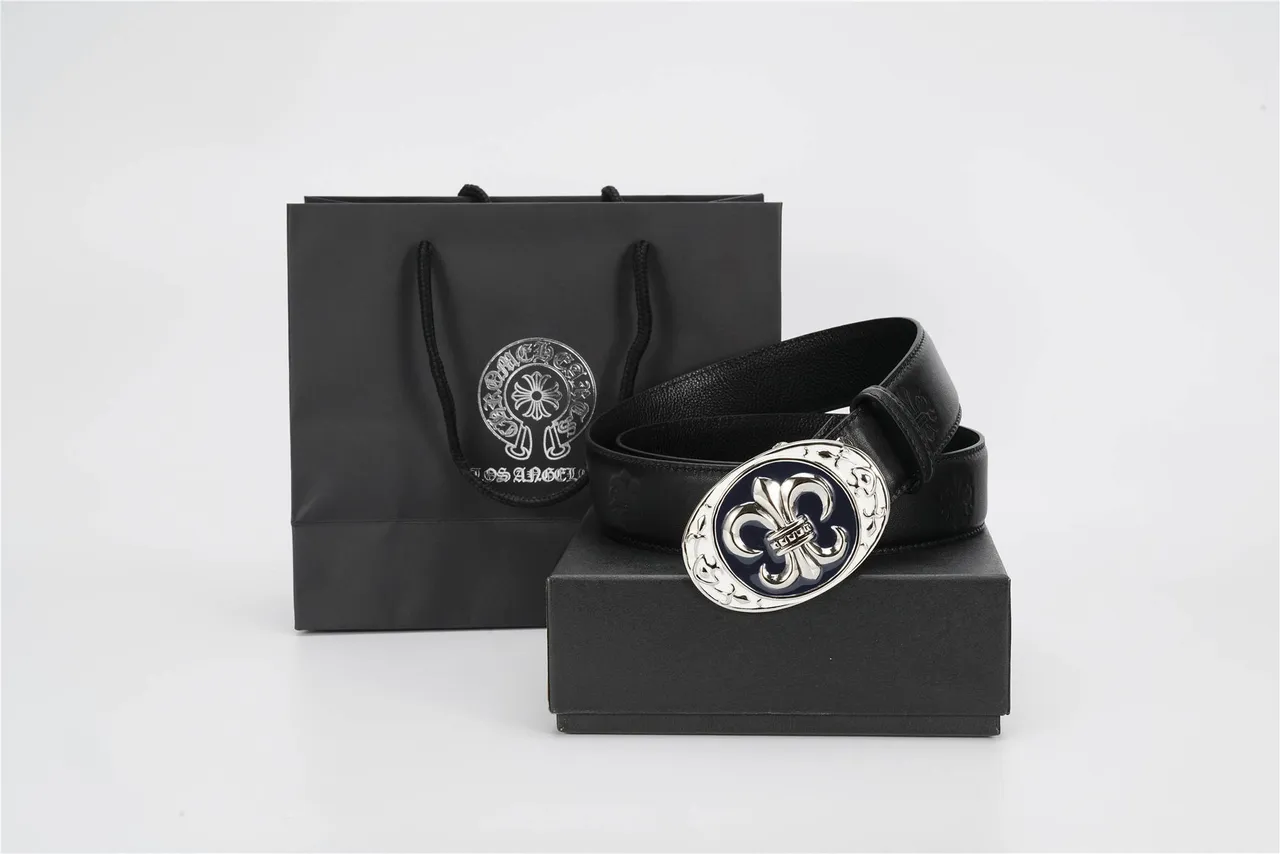 Black Navy Ornate Fleur-De-Lis Buckle Embossed Strap Leather Belt 4