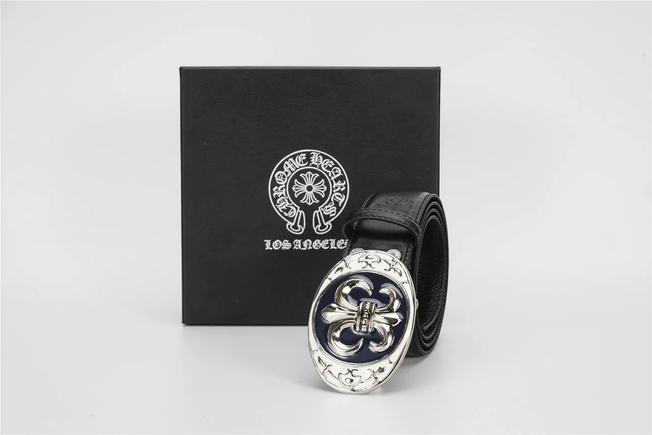 Black Navy Ornate Fleur-De-Lis Buckle Embossed Strap Leather Belt 5