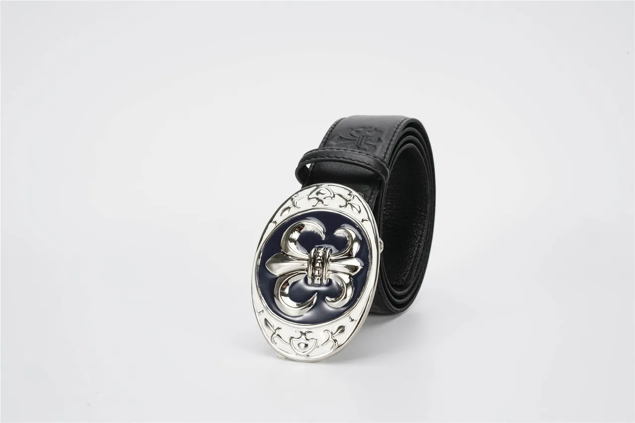 Black Navy Ornate Fleur-De-Lis Buckle Embossed Strap Leather Belt 6