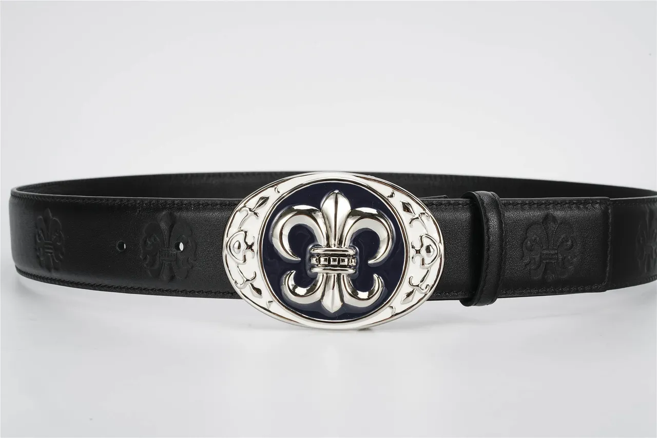 Black Navy Ornate Fleur-De-Lis Buckle Embossed Strap Leather Belt 7