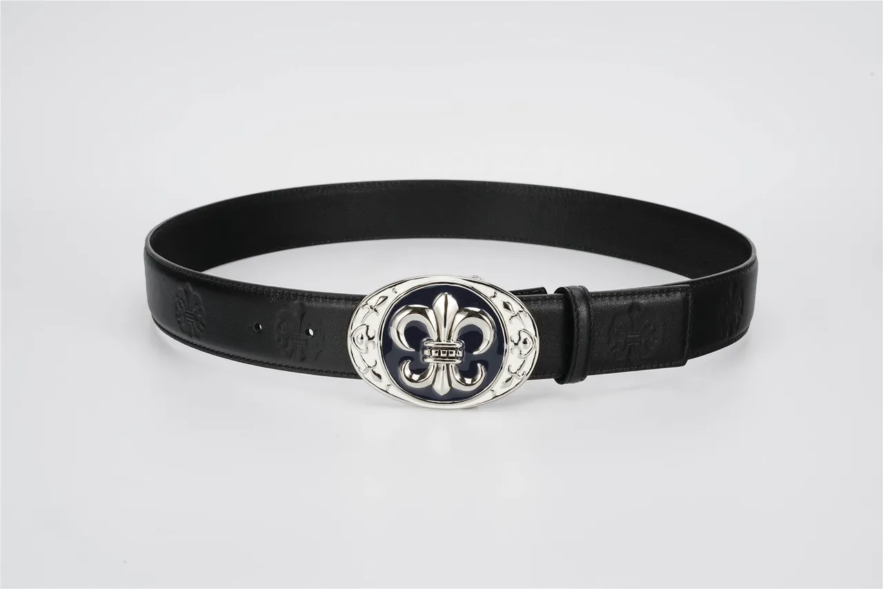 Black Navy Ornate Fleur-De-Lis Buckle Embossed Strap Leather Belt 8
