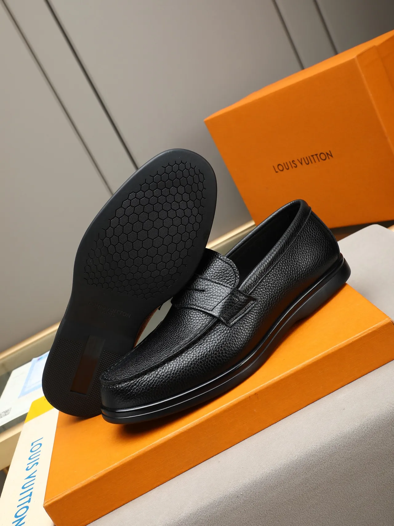 Black Pebbled Leather Penny Strap Loafer 4