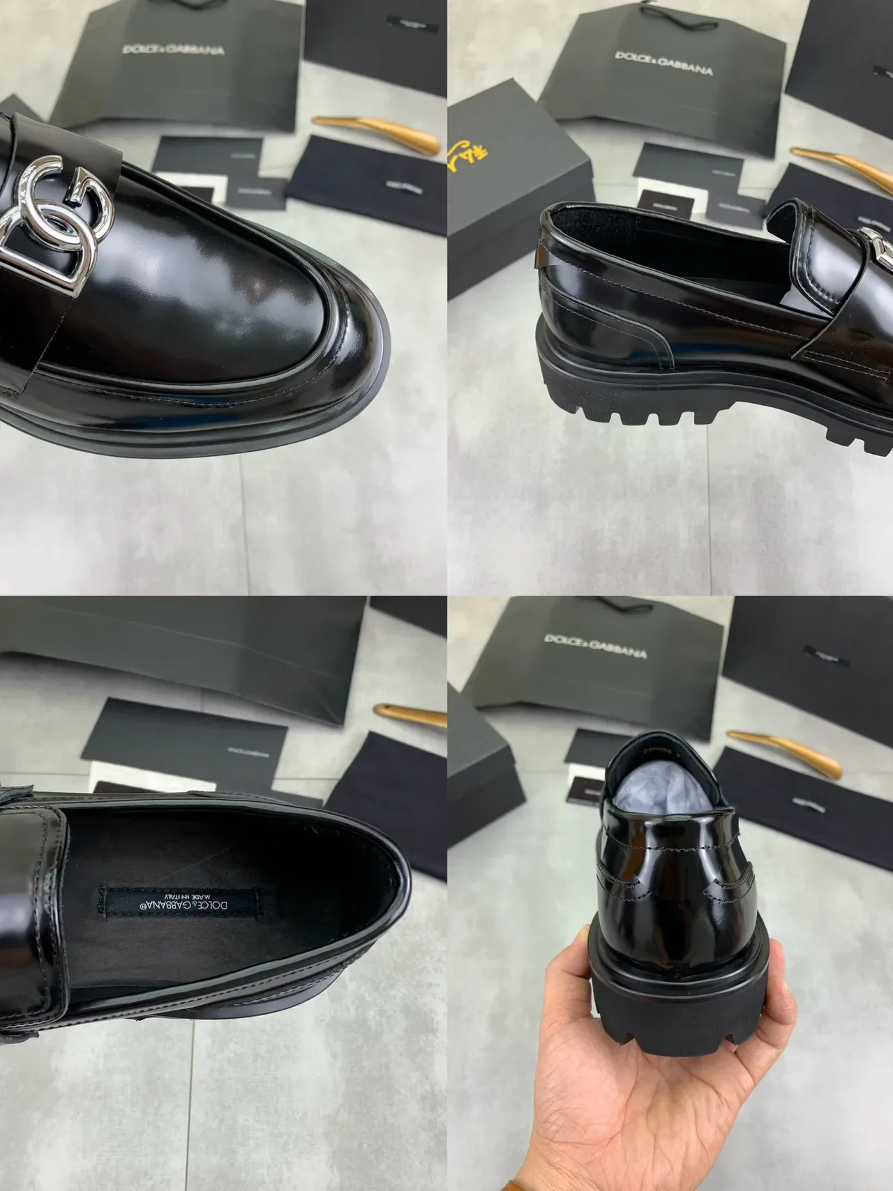 Black Polished Leather Buckle Strap Lug Sole Loafers 2