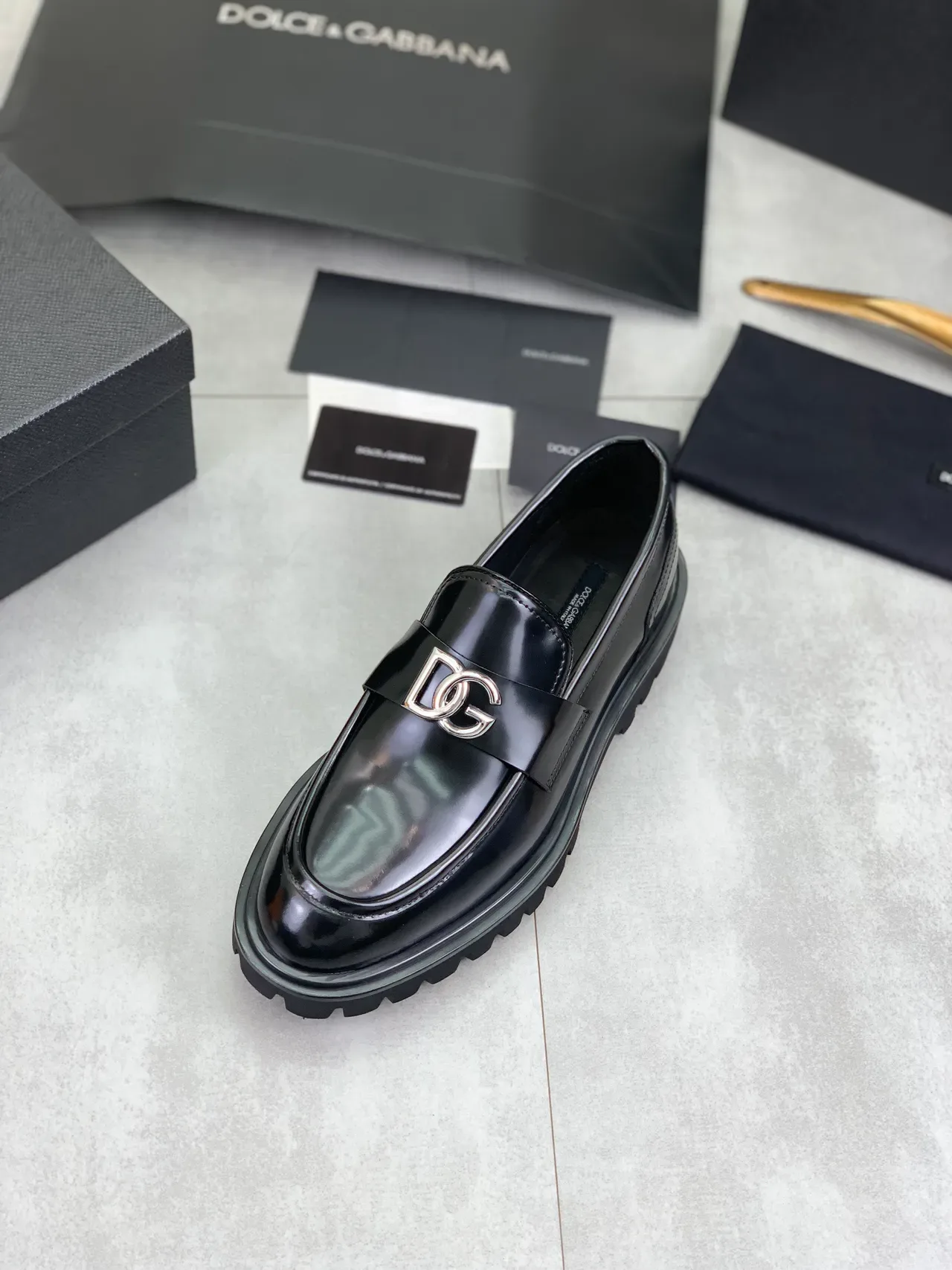 Black Polished Leather Buckle Strap Lug Sole Loafers 4