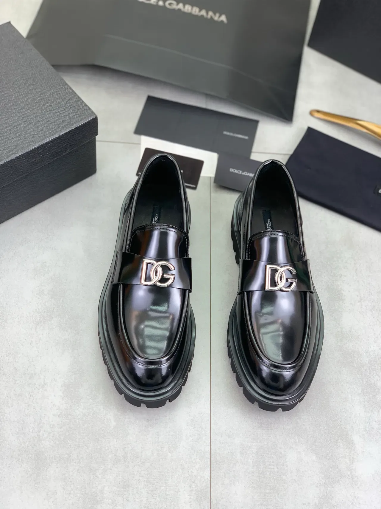 Black Polished Leather Buckle Strap Lug Sole Loafers 5