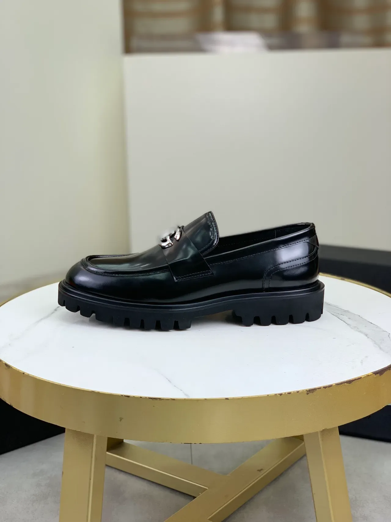 Black Polished Leather Buckle Strap Lug Sole Loafers 6