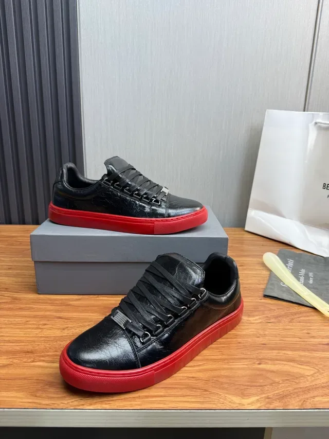 Black Red Leather Upper Rubber Sole Lifestyle Sneakers 4