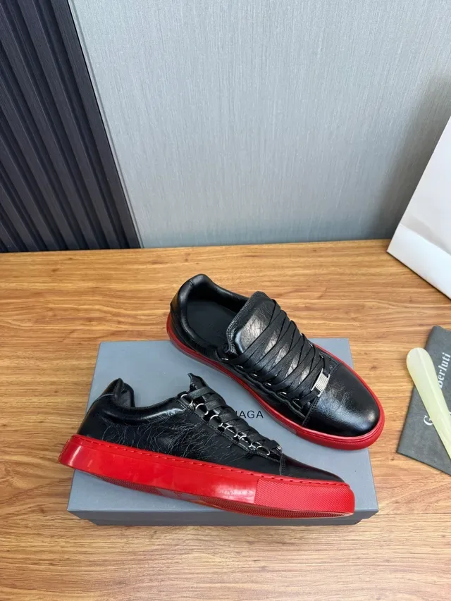 Black Red Leather Upper Rubber Sole Lifestyle Sneakers 6