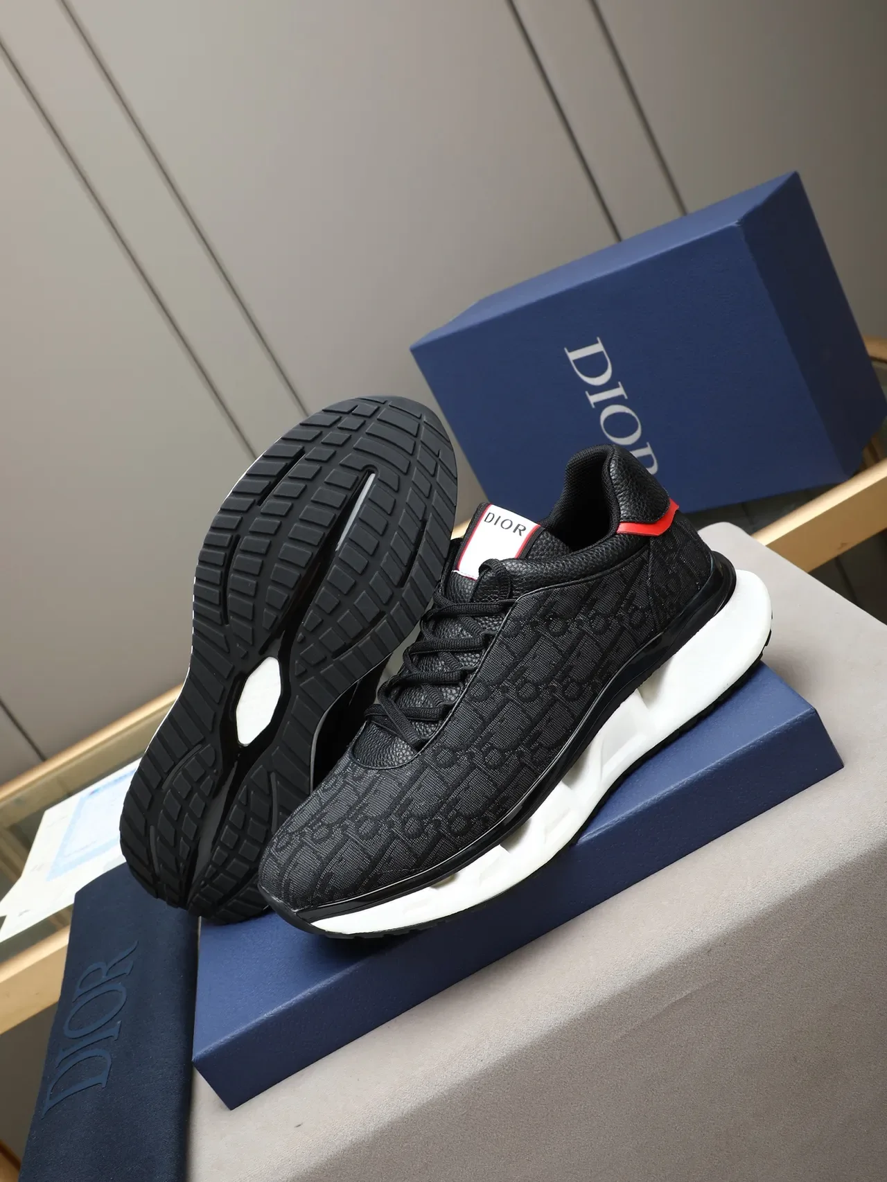 Black Red Monogrammed Knit Upper Sculpted White Midsole Sneakers 4