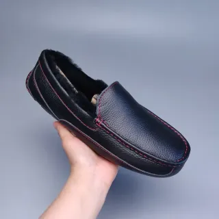 Black Red Pebbled Leather Contrast Stitching Loafer