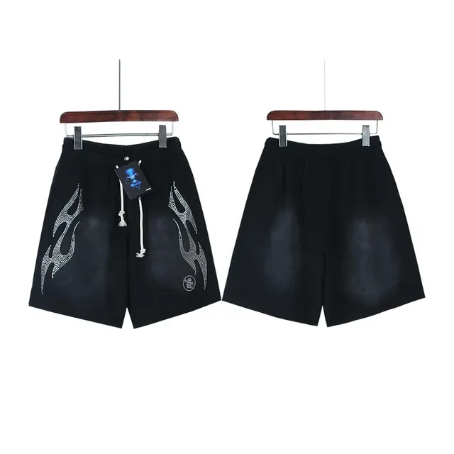 Black Rhinestone Flame Embroidered Drawstring Shorts 5