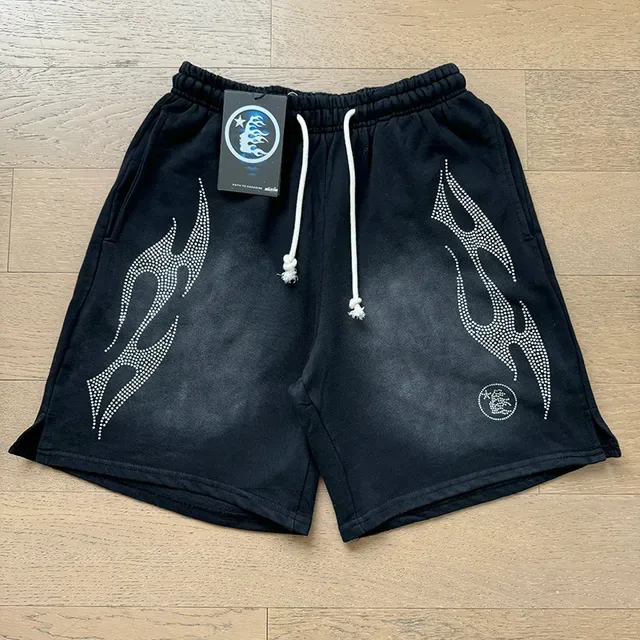 Black Rhinestone Flame Embroidered Drawstring Shorts 8