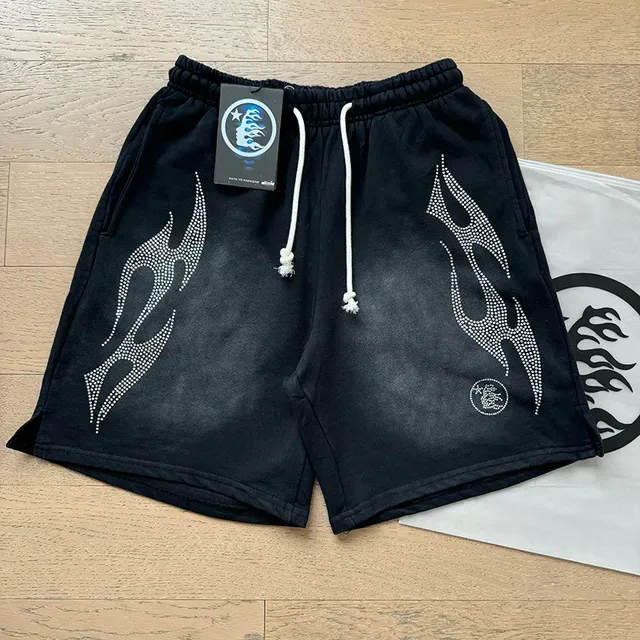 Black Rhinestone Flame Embroidered Drawstring Shorts 9