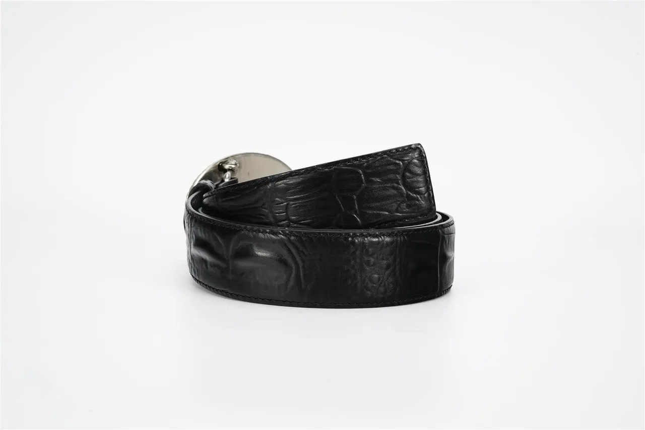Black Silver Crocodile-Embossed Large Oval Buckle Leather Belt 3