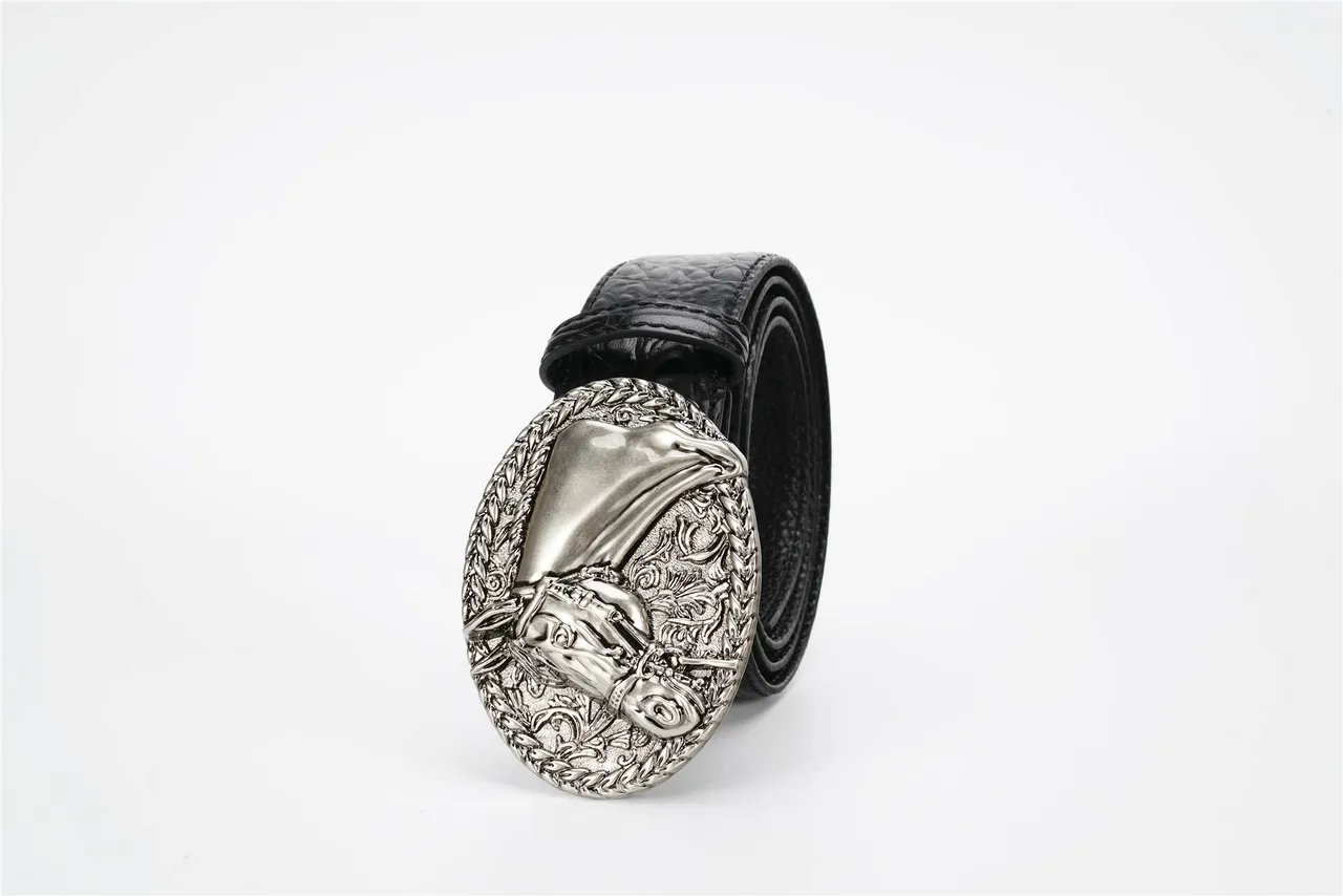 Black Silver Crocodile-Embossed Large Oval Buckle Leather Belt 6