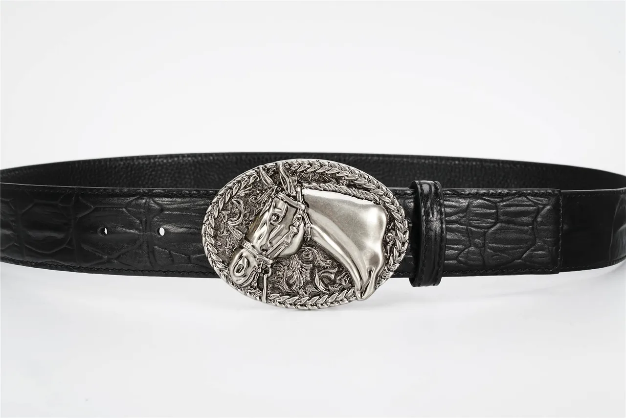 Black Silver Crocodile-Embossed Large Oval Buckle Leather Belt 7