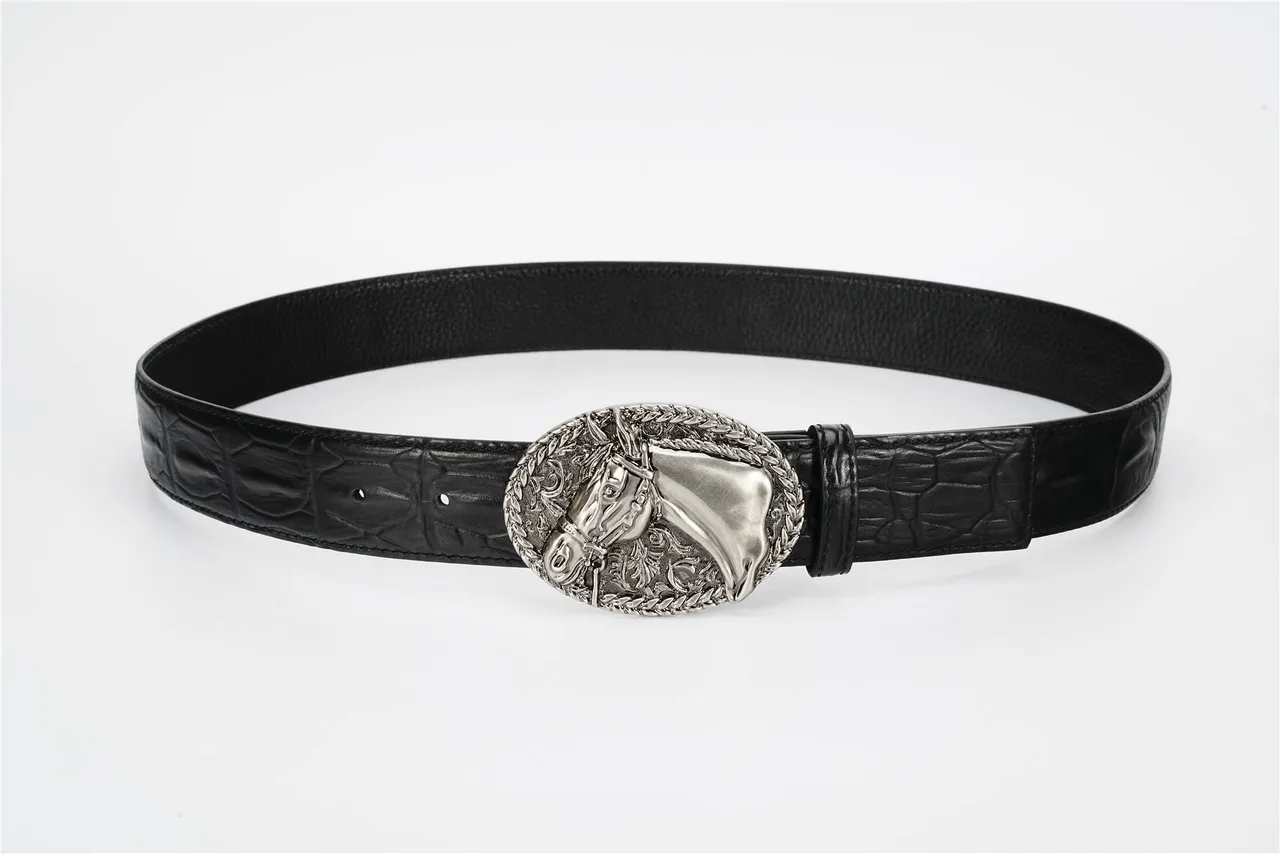 Black Silver Crocodile-Embossed Large Oval Buckle Leather Belt 8