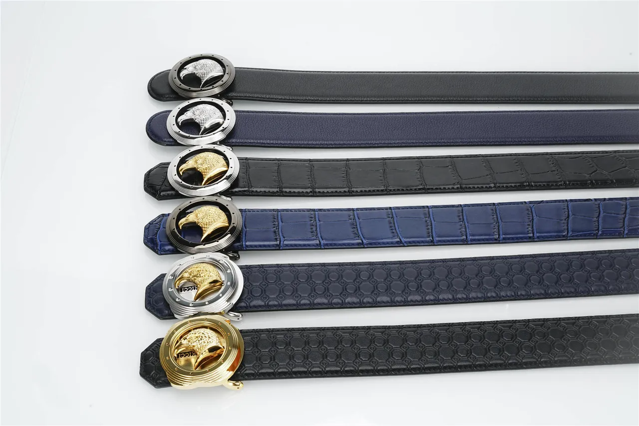 Black Silver Pebbled Circular Eagle-Head Buckle Leather Belt 2