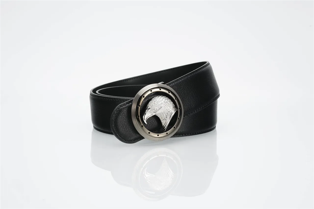 Black Silver Pebbled Circular Eagle-Head Buckle Leather Belt 4