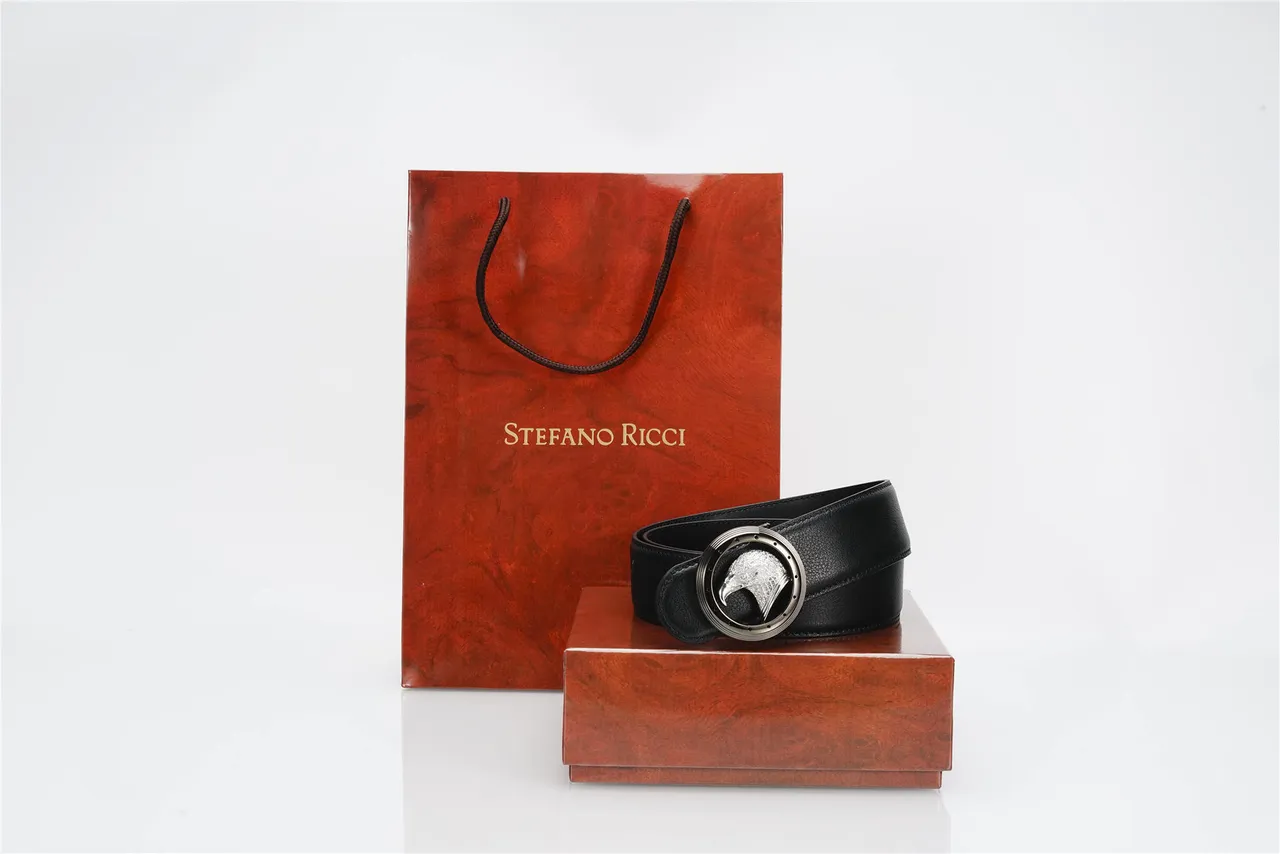 Black Silver Pebbled Circular Eagle-Head Buckle Leather Belt 5