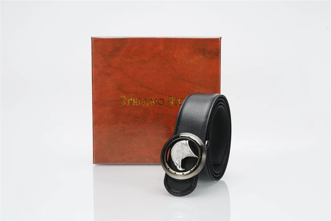 Black Silver Pebbled Circular Eagle-Head Buckle Leather Belt 6
