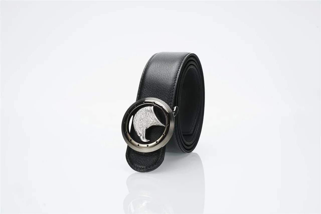 Black Silver Pebbled Circular Eagle-Head Buckle Leather Belt 7