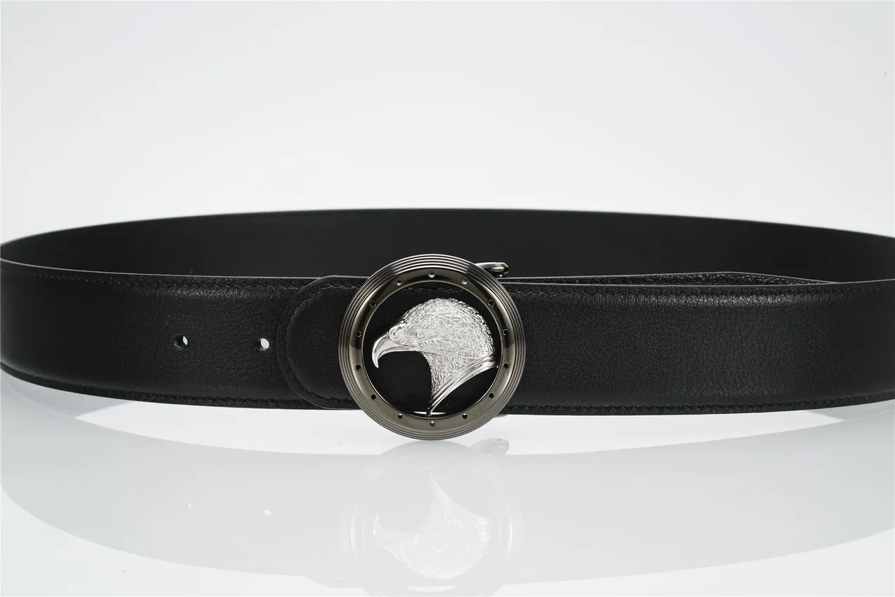 Black Silver Pebbled Circular Eagle-Head Buckle Leather Belt 8
