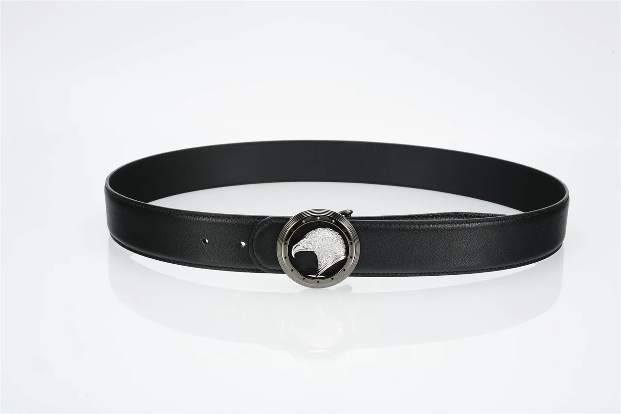 Black Silver Pebbled Circular Eagle-Head Buckle Leather Belt 9