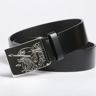 Black Silver Rectangular Engraved Metal Buckle Smooth Strap Leather Belt