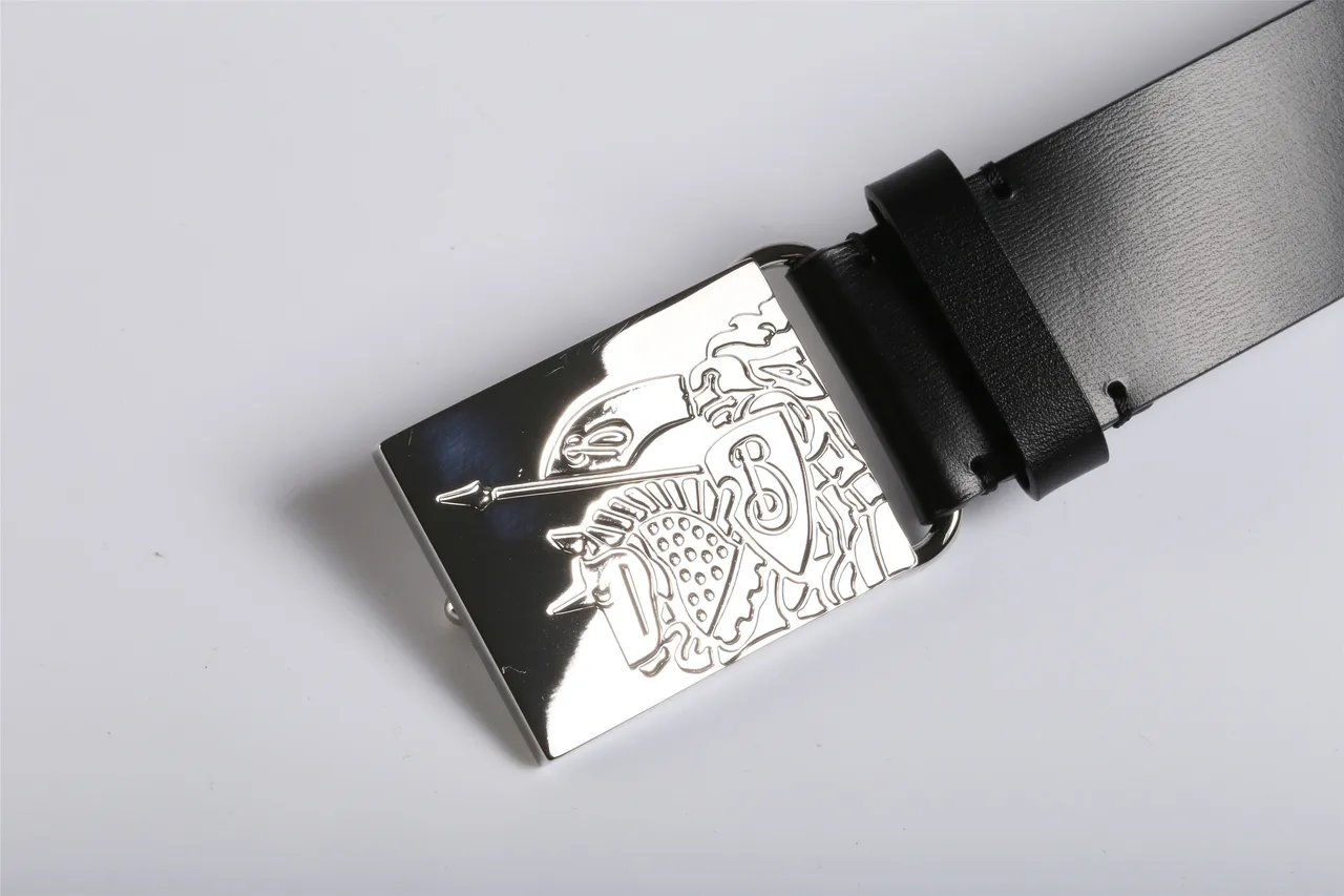Black Silver Rectangular Engraved Metal Buckle Smooth Strap Leather Belt 2