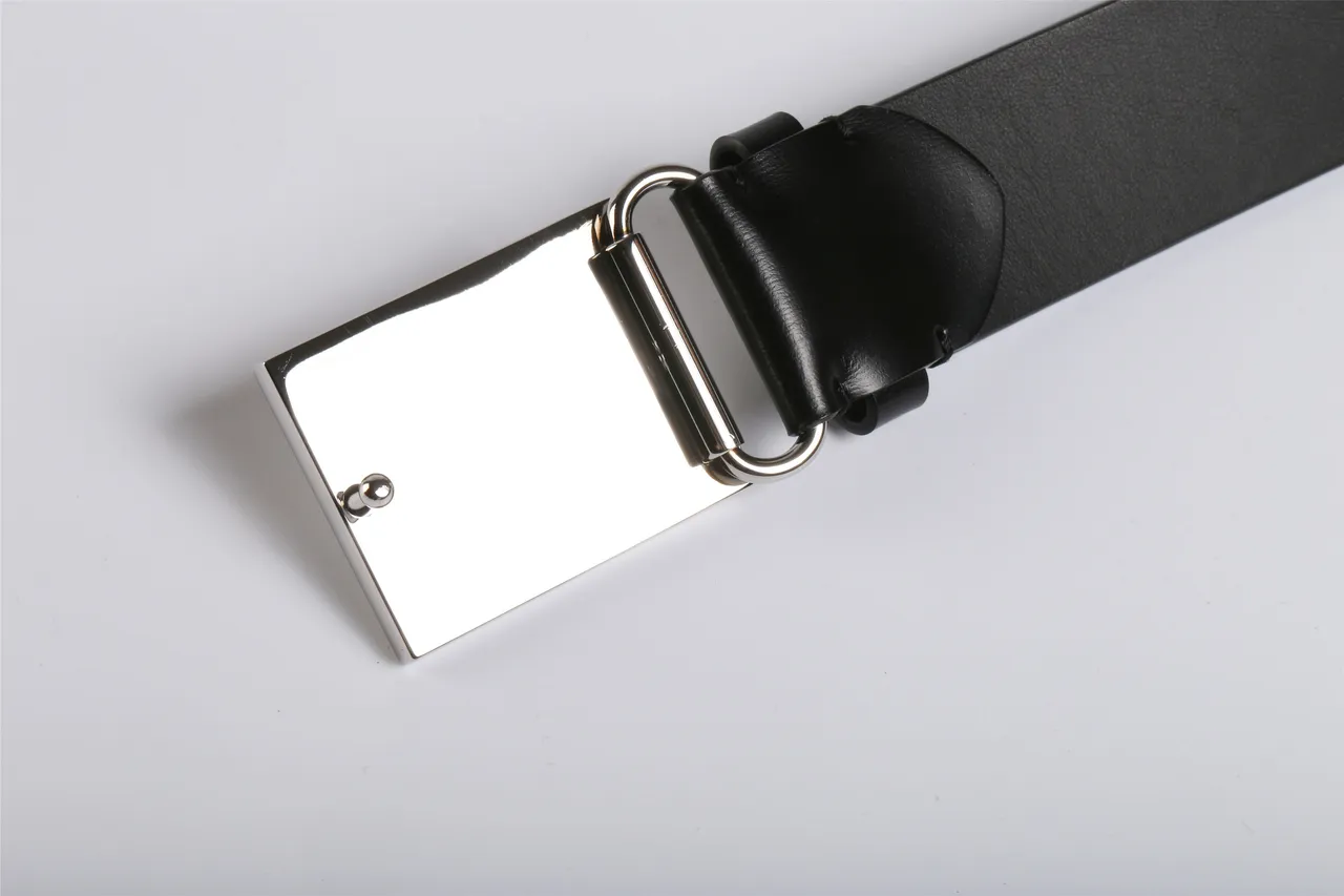 Black Silver Rectangular Engraved Metal Buckle Smooth Strap Leather Belt 3