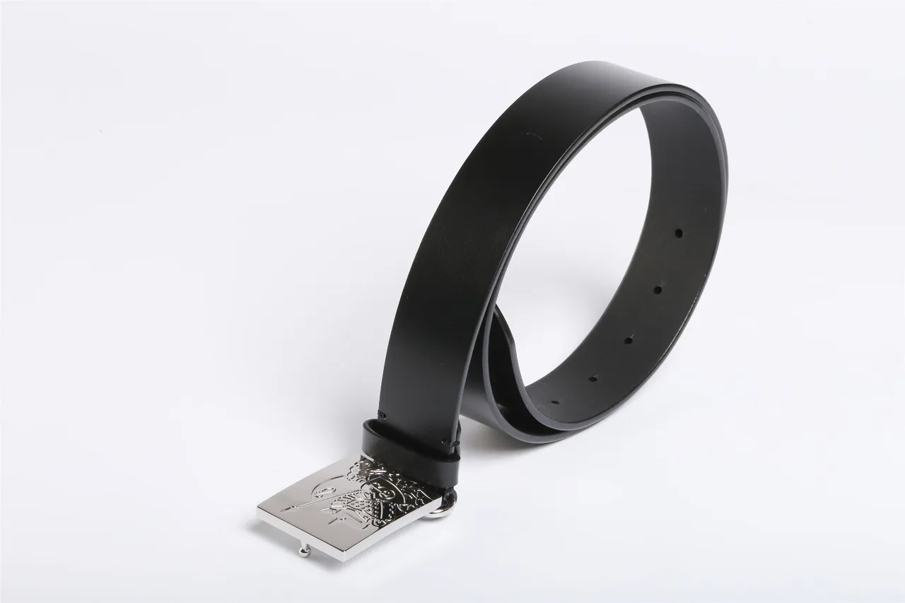 Black Silver Rectangular Engraved Metal Buckle Smooth Strap Leather Belt 4